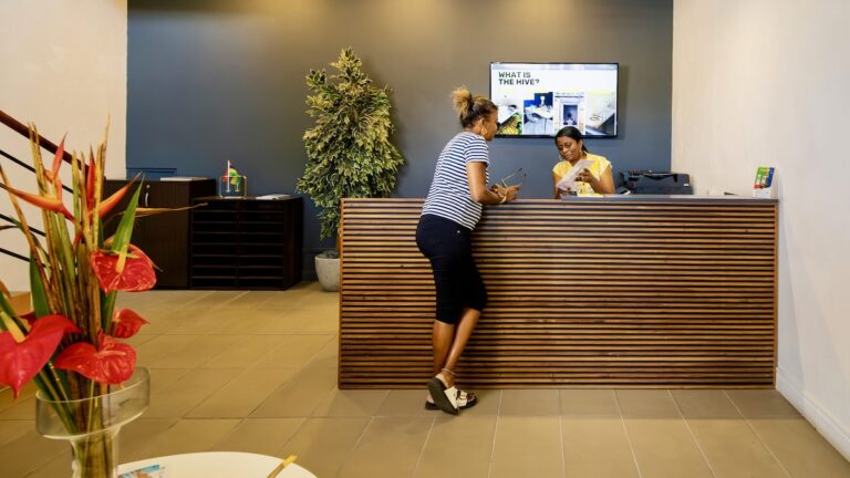 A woman in a striped shirt stands at a modern, slatted wooden reception desk, being assisted by the receptionist. A digital display screen behind the desk asks, "WHAT IS THE HIVE?".