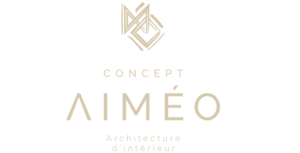 The company logo for "CONCEPT AIMÉO Architecture d'intérieur" in beige text and a stylized abstract symbol above it, all on a black background.