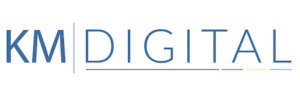 The company logo for "KM DIGITAL" in blue outline text, with thin lines beneath the word "DIGITAL" featuring faint CMYK colors.