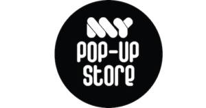 he company logo for "MY POP-UP STORE" in bold, stylized white text within a solid black circle on a white background.