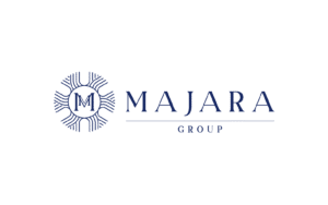 The company logo for "MAJARA GROUP" in dark blue text, featuring a circular, abstract sun-like symbol with the letter 'M' inside, all on a black background.