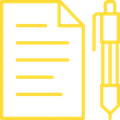 Yellow outline icon of a paper document with text lines and a large pen next to it