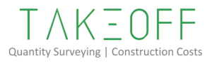 The company logo for "TAKE OFF" in green outline text, with the subtitle "Quantity Surveying | Construction Costs" in grey text.