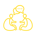 Icon of two people sitting and talking with speech bubbles.